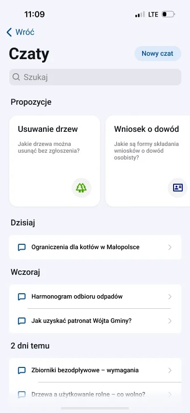 Chats screen with suggestions and history