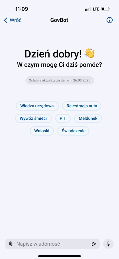 GovBot greeting with topic shortcuts