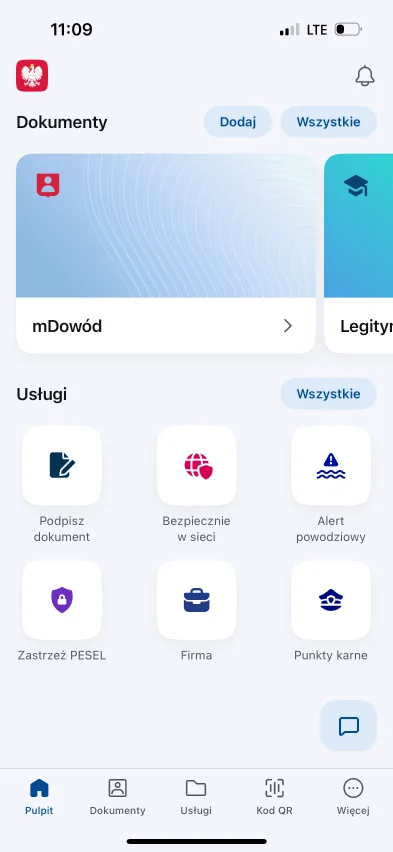 mObywatel home screen with the GovBot entry