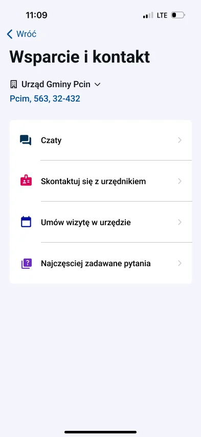 Support and contact screen for the municipal office