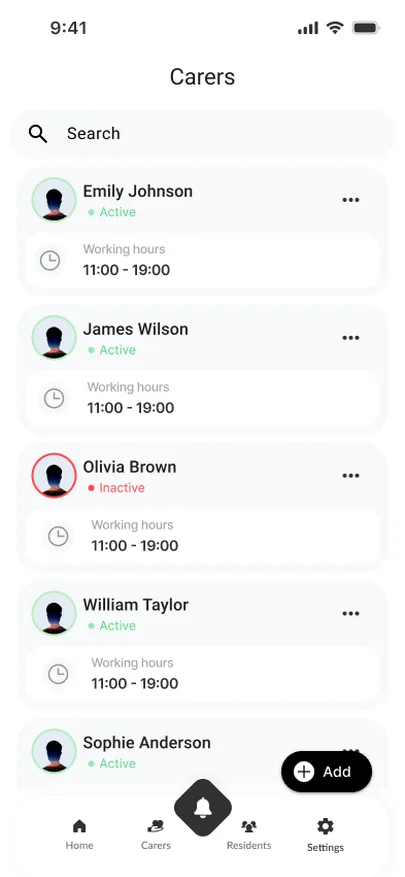 Carers list in the care manager app