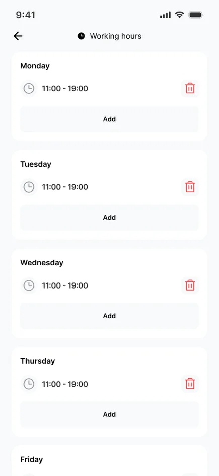 Working hours screen of the care manager app