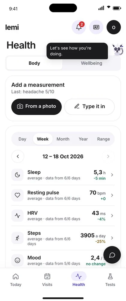 Lemi health screen with sleep, pulse, HRV and steps