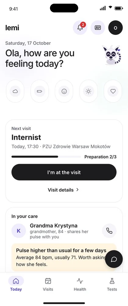 Lemi Today screen with mood, next visit and a relative's pulse